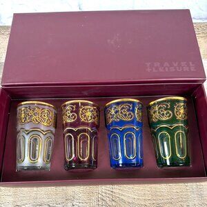 Moroccan Tea Glass 4pc Set Gold Filigree Drink Cup Tumbler Travel Leisure VTG